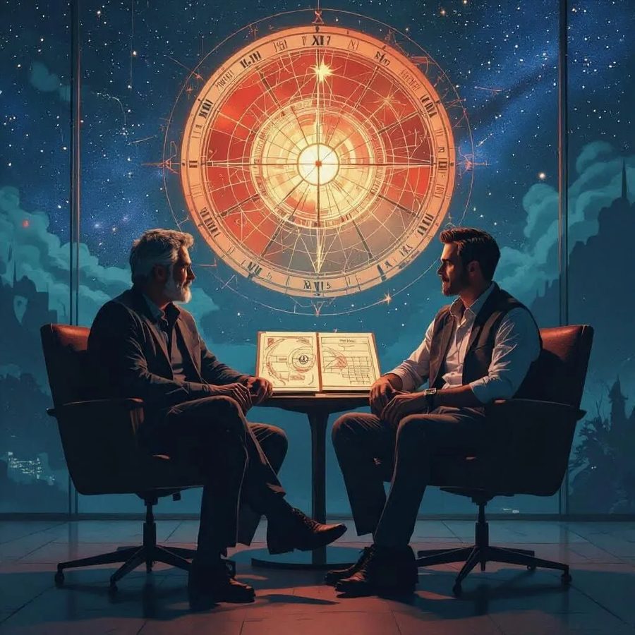 Zwei Menschen im Gespräch, zwischen ihnen ein aufgeschlagenes Horoskop, über ihnen ein leuchtendes Horoskoprad