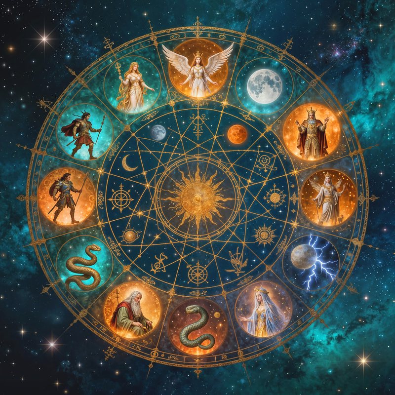 Ein goldenes Horoskoprad mit zwölf Medaillons der Archetypen vor dem Sternenhimmel